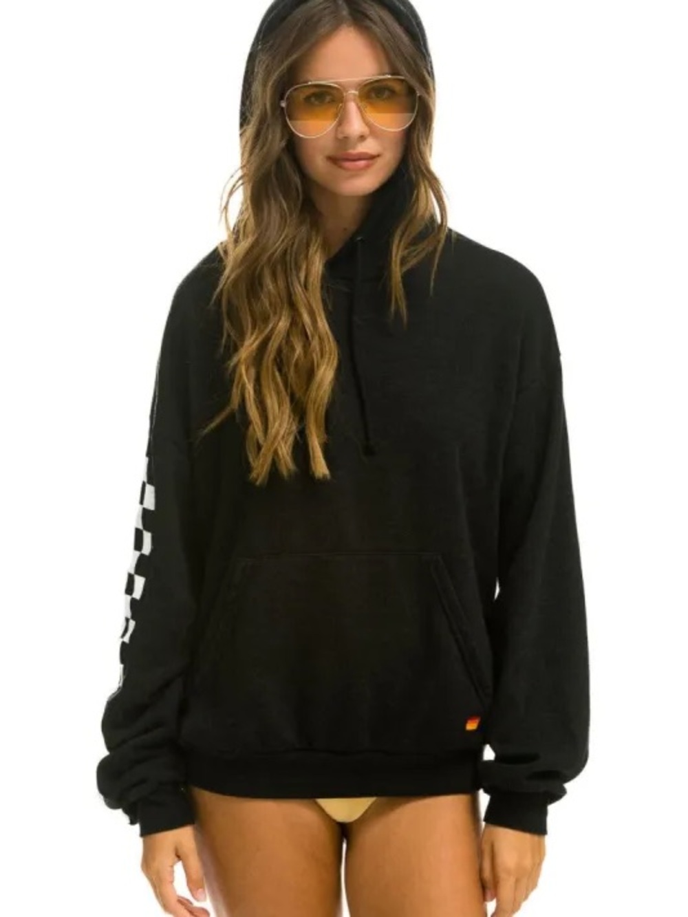 Aviator Nation 
RELAXED CHECK SLEEVE
PULLOVER HOODIE - BLACK
Size L 
Used Good - Picture 2 of 8